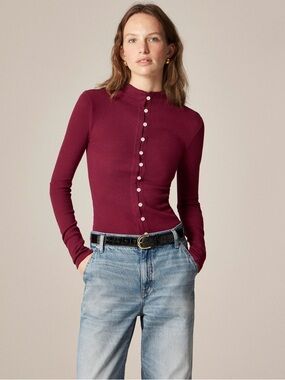 J.Crew Perfect Rib Cardigan Top Jewel Buttons | Size Large | Inky Burgundy